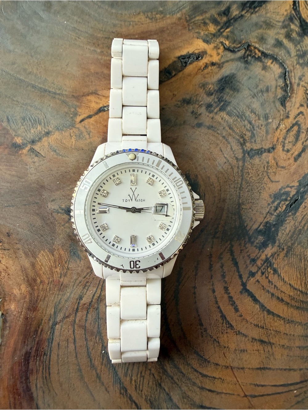ToyWatch White Ceramic Link Crystal Marker Watch. 41mm. Water Resistant 5 ATM.